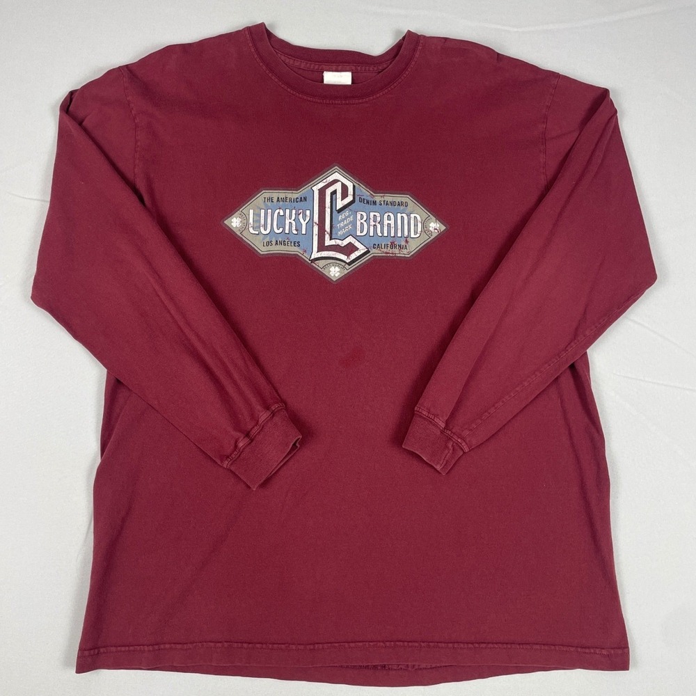 Lucky Brand Graphic T Shirt Mens Medium Burgundy Long Sleeve Made In USA